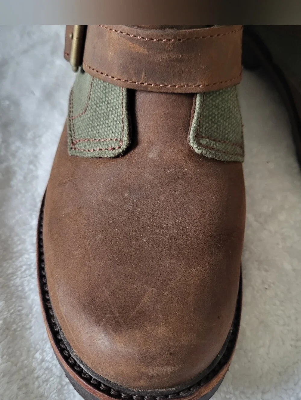 Brown Leather and Olive Canvas Buckle Boots